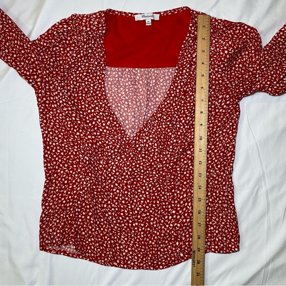 Madewell Red Floral Patterned Women's Long Sleeve Top Blouse, Oversized - Picture 10 of 11
